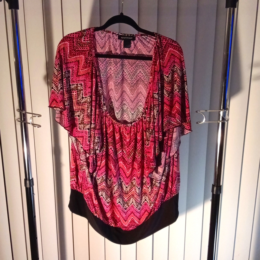 Pink and Black V Neck Blouse